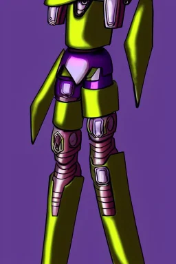 One Genderless Cyborg made of old rusted metal, has a human like face with a really long violet ponytail, they wear armor that is similar to Megaman. The color palatte of the armour is deep purple and yellow. They have Turquoise colured eyes. The Background is dark grey.