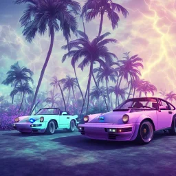 1980's aesthetic vaporwave palm trees and spheres and Porsche with lightning