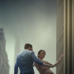 a man pushing a woman over a balcony, downtown new york, dramatic, dramatic lighting, volumetric lighting, hyperrealism, 8k, high quality, photorealistic, lot of details