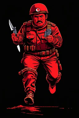 Turkish soldier(uniform and face based on racist steriotypes) running towards viewer, a knife i one hand, and a gun(barrel pointing at viewer) in the other. blocky retro 1960's jack kirby style poster in monochrome with white background