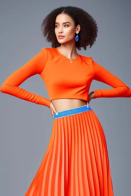 fullbody shot of young-beautiful-ozbek-with-a-perfect-face-with-make-up-wearing-orange top and midi pleated blue skirt