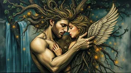 old worn layered canvas, Surrealism, Captivating realistic painting of a MAN, Medium ground, vibrant gold splashes, Multiple exposure, fluffiness, Their faces are BRIGHTLY LITTLE, his hair blends into swirling fractal vines and tree roots, dark green foliage, HE HUGS THE WOMAN, WINGS, Their faces are brightly lit, Flowing hair dissolves into intricate patterns of blue waterfall, Night-time tiny glowing fireflies, Set against a hazy ethereal background, Flashes, Space, Gold fragments, Gold partic