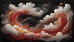 A stylized depiction of red and white swirling clouds or mist with gold accents against a black background, possibly representing a fantastical or abstract scene