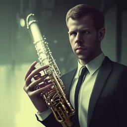 portrait of sebastian vettel playing saxophone, blade runner, low key lighting, volumetric light, digital art, highly detailed, fine detail, intricate, ornate, complex, octane render, unreal engine, photorealistic