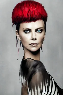 A beautiful portrait Charlize thero cyberpunk woman color scheme, high key lighting, volumetric light high details with white stripes and feathers