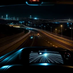 night time, a car dashboard lighting up, a dark road in the windscreen, with a beautiful city in the distance, photo quality