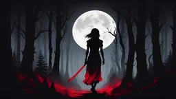 the silhouette of a woman seen from behind, walking into a dark forest, with a dagger in hand, black and red image, night, realistic, moon