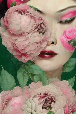 A woman's face with peonies, digital art by artist "Catrin Welz-Stein"