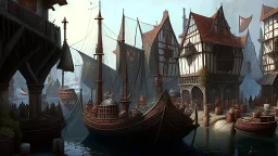 gothic medieval harbour with ships, piers, houses, shops, inns, balconies, plants, people, market