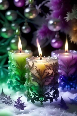 Beautiful crystal. Irridescent rcoco snowflake shape candles and candle light in the snow, with snow covered christmas rococo green tree background, adorned with metallic goled filigree embossed floral. Ornaments colour gradient ad white, candles ribbed with amethyst mineral stones and lilac quartz organic bio sina ribbed detail od bokeh christmas lights and snowy christmas tree rcoco aLe background extremely detailed hyperrealistic maximálist concept aart