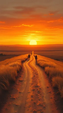 very dusty dirt path coming over a shallow hill with sunset in the prairies, horizon line is low in the composition, old western, painting based on grainy photo, orange brown tones