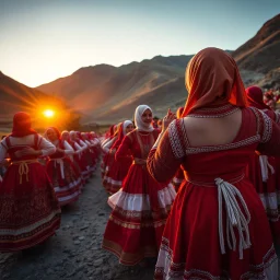 An epic wide-angle view of a festive Yalli dance ceremony in Azerbaijan, outdoors in the mountains at sunset. A long line of dancers moving in perfect harmony. Focus on the rich red, gold, and white colors of the traditional clothes, Kelagayi headscarves visible on women, rhythmic energy, cultural celebration atmosphere. Artistic photography, sharp focus, cinematic composition, vibrant colors, epic scale.