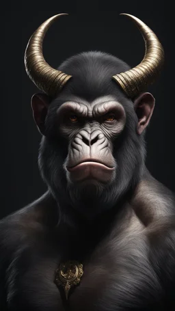 ((ape with horns)), dark background, mid shot, full body, neutral expression, buzzcut hair, ultra realistic, highres, superb, 8k wallpaper, extremely detailed, intricate, limited palette,