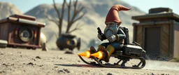 gnome hit man with rocket boots in suit on a mech sled in style of fallout 4