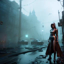 Pretty ciborg woman, portrait, rain, fog, white and gold dress, studio scene, blue light, red lights, hoodie, feathers, cyberpunk style, leather, vibrant color, highly detailed, art stations, concept art, smooth, unreal engine 5, god rays, ray tracing, RTX, lumen lighting, ultra detail, volumetric lighting, 3d, finely drawn, high definition, high resolution, neon background.