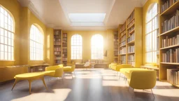 Modern yellow library interior with sunlight. Decor and desing concept. 3D Rendering