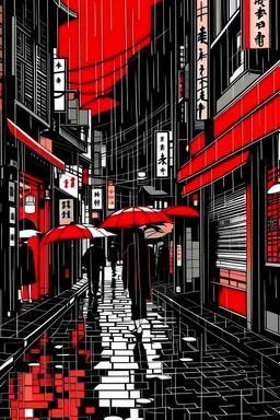 viviendo en la calle lluvia one line art japon colores rojo y negor