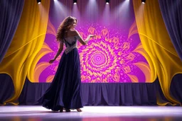 modern stage with gray-dark yellow blueish violet theme artistic decoration , color full dynamic lighting, a beautiful lady in maxi dress with shining silver jewels ,curvy long hair,dancing, 3D recursive fractal structure animating background