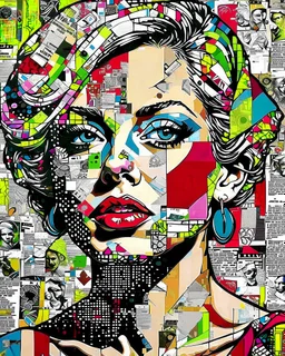 A vibrant and eclectic portrait of a woman, blending the irreverent spirit of Dadaism with the bold, graphic language of Pop Art, featuring a prominent female figure with an enigmatic expression, adorned with collage-like fragments of newspaper clippings, torn paper, and distressed textures, set against a backdrop of clashing colors and disparate patterns, with bold, black outlines and Ben-Day dots, evoking the stylized aesthetic of a 1960s-era advertisement, yet infused with a sense of playful