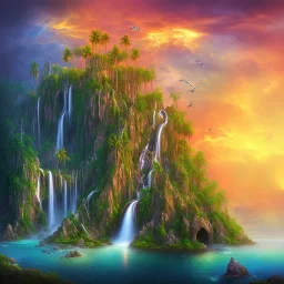  island waterfall palms twigs spring sunset rainbow bridge birds