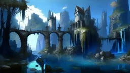 ruined gothic village with waterfall, bridges, trees, next to lake, with cliffs, andblue sky