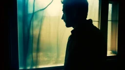 a blurred silhouette of a man leaving through a dirty, steamy window, side view, fuzzy polaroid photograph, vintage, grimes, sectioned, distress, connectedness, synaesthesia, unconnected, tonalism, duotone