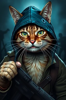 cat with shark mask hat solana fightin in the trenches in the style of banksy
