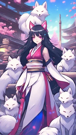 A close hot picture of Ahri with black hair and Japanese Clothes and nine White fox tail with neon glowing in fantasy world