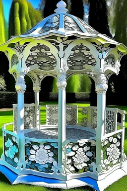 magic carved gazebo, garden, flowers, butterflies, colors: snow-white, silver, milky, mint, glaze, pearl, turquoise, cream, mother-of-pearl, dawn: sfumato, complex abstraction in the style of Dali