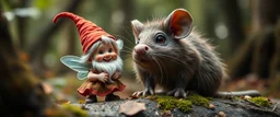 close up on pixie quickling gnome and a giant troll huge funny mouse, with background motion blur, in magical forest scene, in the style of Rembrandt