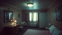 inside a cheap, sleazy motel room, bright light, empty room, grainy candid photograph, documentary style