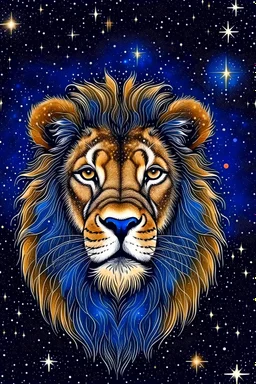 lion head starry constellation in the night sky, magical, ethereal, dreamlike, stylized, tcg, ccg, playing card art
