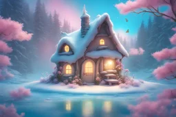 Little small fairy house set in a magical snow covered forest. Lots of flowers, birds and butterflies. Sparks of light everywhere. The sky is blue. In the foreground are pink and yellow flowers, then an iced turquoise lake near snow-covered fir trees. Intense colors. hight definition Magical atmosphere