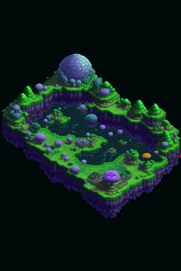 pixel art top down planet surface in 2d game, detailed level, mint green terrain, violet earth with plants and rocks, space plants with glowing fruits