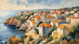 Style Cézanne, calm beauty, sunlight, French village on the coast, cliffs, peaceful, beautiful composition, exquisite detail