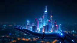 a huge modern city as build In the open robotic hand ,blue sifi ,stars in dark night sky in blury background