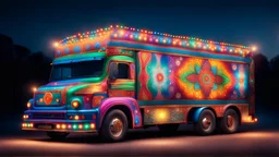 Hyper Realistic Photographic View Of Traditionally Designed Cultural Multi Colored Truck Art With Fairy Lights.