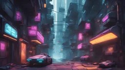 cyberpunk stile city alley with flying cars
