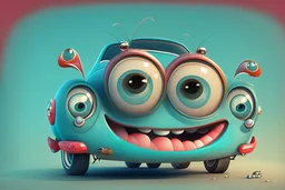 whimsical cartoon car with big eyes and a friendly smile