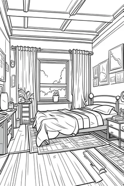 Outline art, simpl House interior design, bedroom, cartoon style, thick lines, low details, --ar 9:11