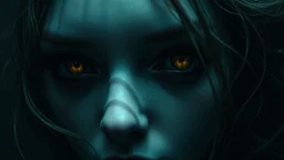 close up face shadow dark gold eyes, void, pain, hyper-realistic detail, floats in deep darkness, abyss, Dark ten and pale light tendrils in her hair, drils and shadow around, abyss, fog, Style crepy stunning, dark, surreal vibe underwater and meticulous detail clean pale skin dark golden eyes, . dark shadow and weird surreal mood