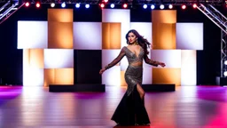 full body shot of a very beautiful Azeri lady with makeup and bob hair, wearing a pretty long skirt and heels, dancing gracefully on a modern stage with luxury structure and dynamic color lights.
