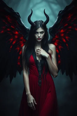Daughter of Lilith, beautiful, wild woman, stunningly terrifying and powerful personality, with black wings in a dark red dress, long, dark hair with suggestive dark eyes, wonderful, ancient woman, a demonic woman who controls with her strength, power, sharp focus, high detailed, high realistic, master photo, pale lights, deep night, eerie atmosphere, gothic, dark mystic atmosphere, stunning, masterpeace, cinematic, master photo