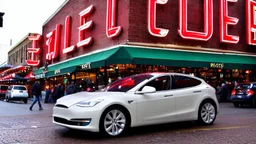 A Tesla's 'Model S Plaid' is doing donuts, at the 'Pike Place Market', in Seattle. CINEMATIC. WIDE ANGLE LENS. PHOTO REAL.