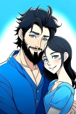 Anime man with beard, handsome and happy, holding wife (black hair and blue eyes). Romantic and in love