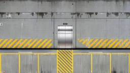 wall design for parking garage, concrete, yellow marking lines, hazard lines, weathering and water stains, elevator doors in middle. rough painted hashmarks and parking lines