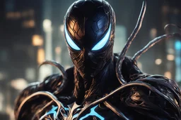 symbiote in 8k solo leveling shadow drawing style, yone model, neon lights, intricate details, highly detailed, high details, detailed portrait, masterpiece,ultra detailed, ultra quality