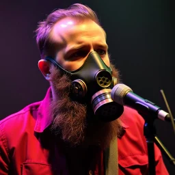 en skäggig man som försöker sjunga med en gasmask på en scen, gasmasker, dom kallar honom för babyface för att ser så barnslig ut