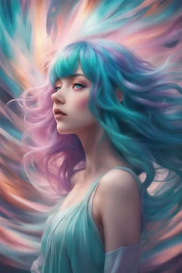 A stunning Anime girl suspended in a kaleidoscope of colors, captured in a photorealistic, cinematic photograph, as if plucked from a dream sequence. Her vibrant turquoise hair flows like a river, contrasting with the muted, earthy tones of her skin, set against a gradient of iridescent pinks and purples, evoking a sense of ethereal mysticism. Soft, cinematic film grain textures the image, infusing it with a sense of nostalgic warmth, as if lit by the flickering lights of a vintage cinema.