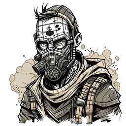 bandit wearing a cage mask, war paint, blind eye, dirty. post-apocalyptic punk style. comic drawing style.